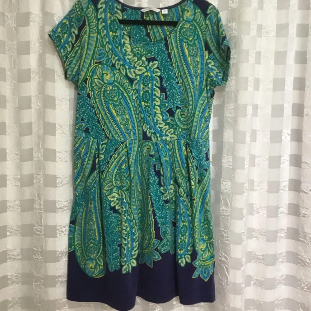 Isaac Mizrahi Live! Blue Green Yellow Paisley Short Sleeve Dress, Size L - Picture 1 of 10